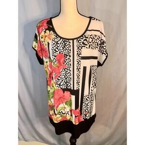 JM Collection; Top with black & white with pink and green floral design